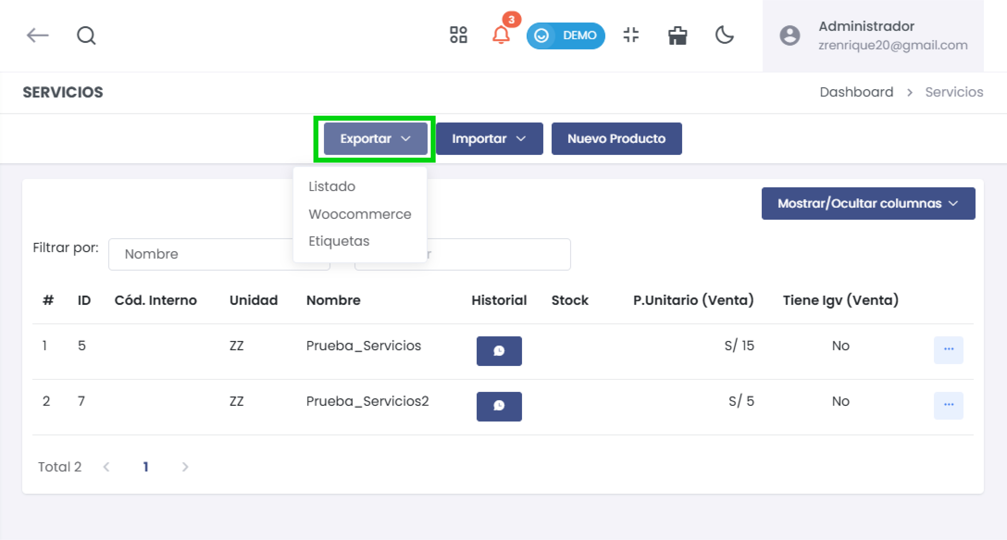 Opciones de Exportación